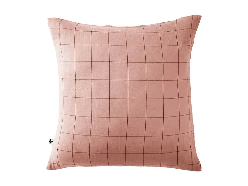 OUREA MOTIF - Taie d'Oreiller 60x60cm Gaze de Coton Rose Pêche à Grands Carreaux
