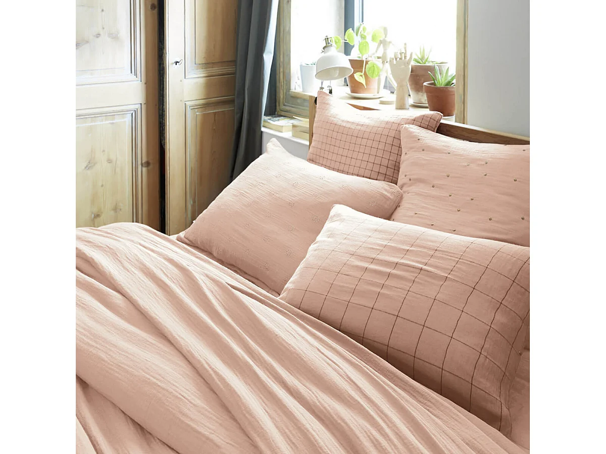 OUREA MOTIF - Taie d'Oreiller 50x70cm Gaze de Coton Guimauve à Grands Carreaux