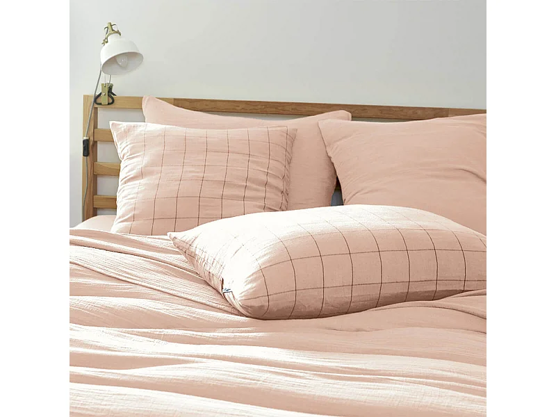 OUREA MOTIF - Taie d'Oreiller 50x70cm Gaze de Coton Guimauve à Grands Carreaux