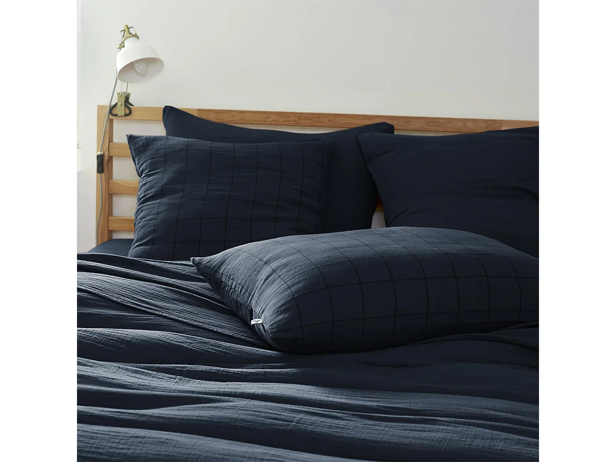 OUREA MOTIF - Taie d'Oreiller 60x60cm Gaze de Coton Minuit à Grands Carreaux