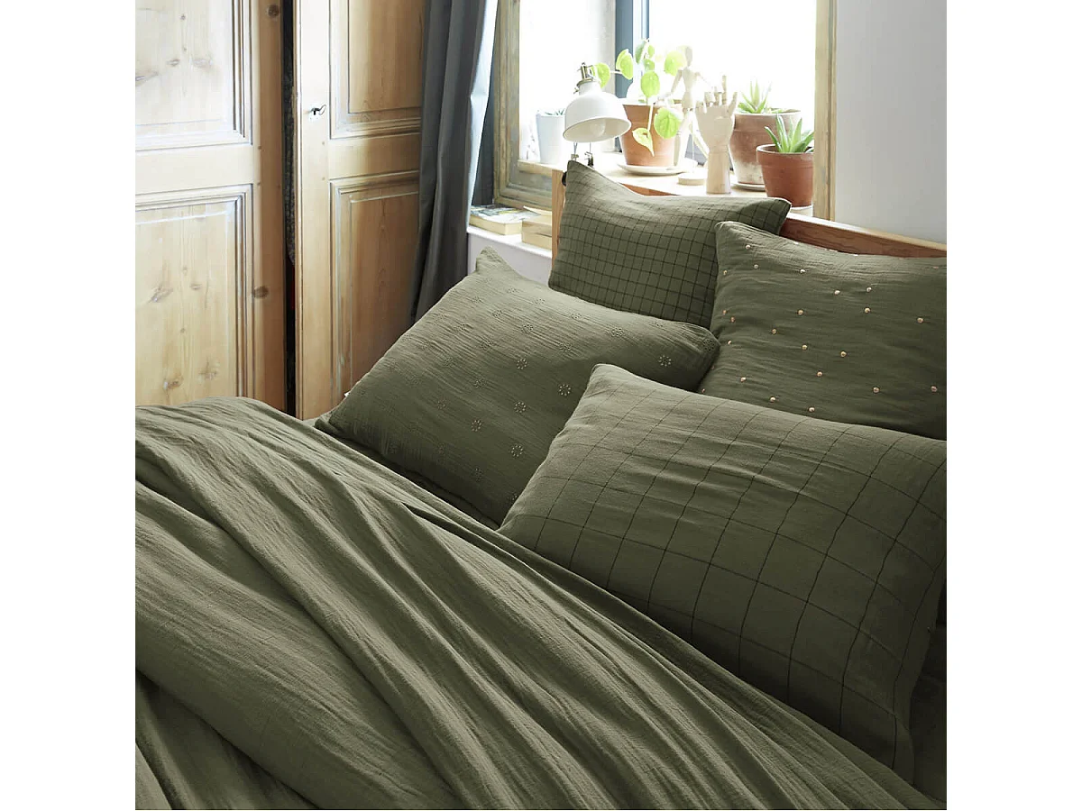 OUREA MOTIF - Taie d'Oreiller 50x70cm Gaze de Coton Romarin à Grands Carreaux