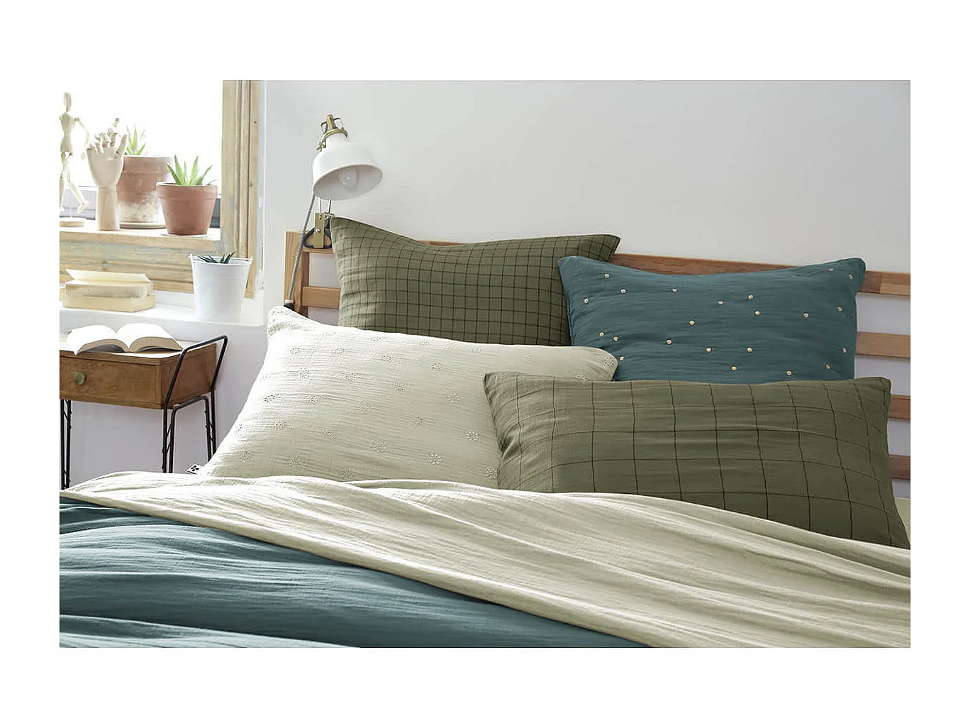 OUREA MOTIF - Taie d'Oreiller 50x70cm Gaze de Coton Romarin à Grands Carreaux