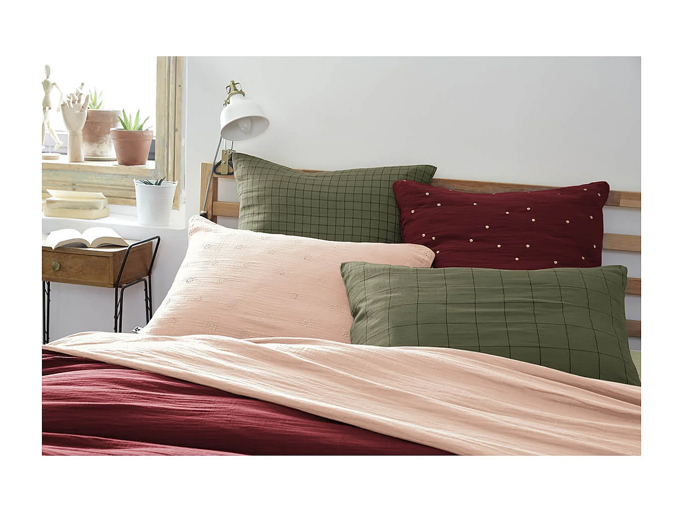 OUREA MOTIF - Taie d'Oreiller 50x70cm Gaze de Coton Romarin à Grands Carreaux