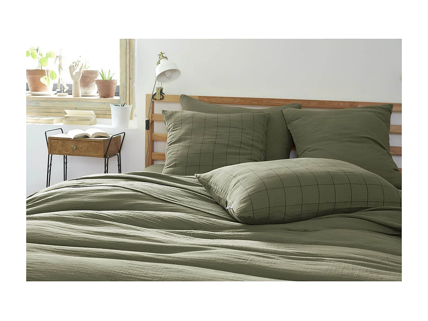 OUREA MOTIF - Taie d'Oreiller 50x70cm Gaze de Coton Romarin à Grands Carreaux