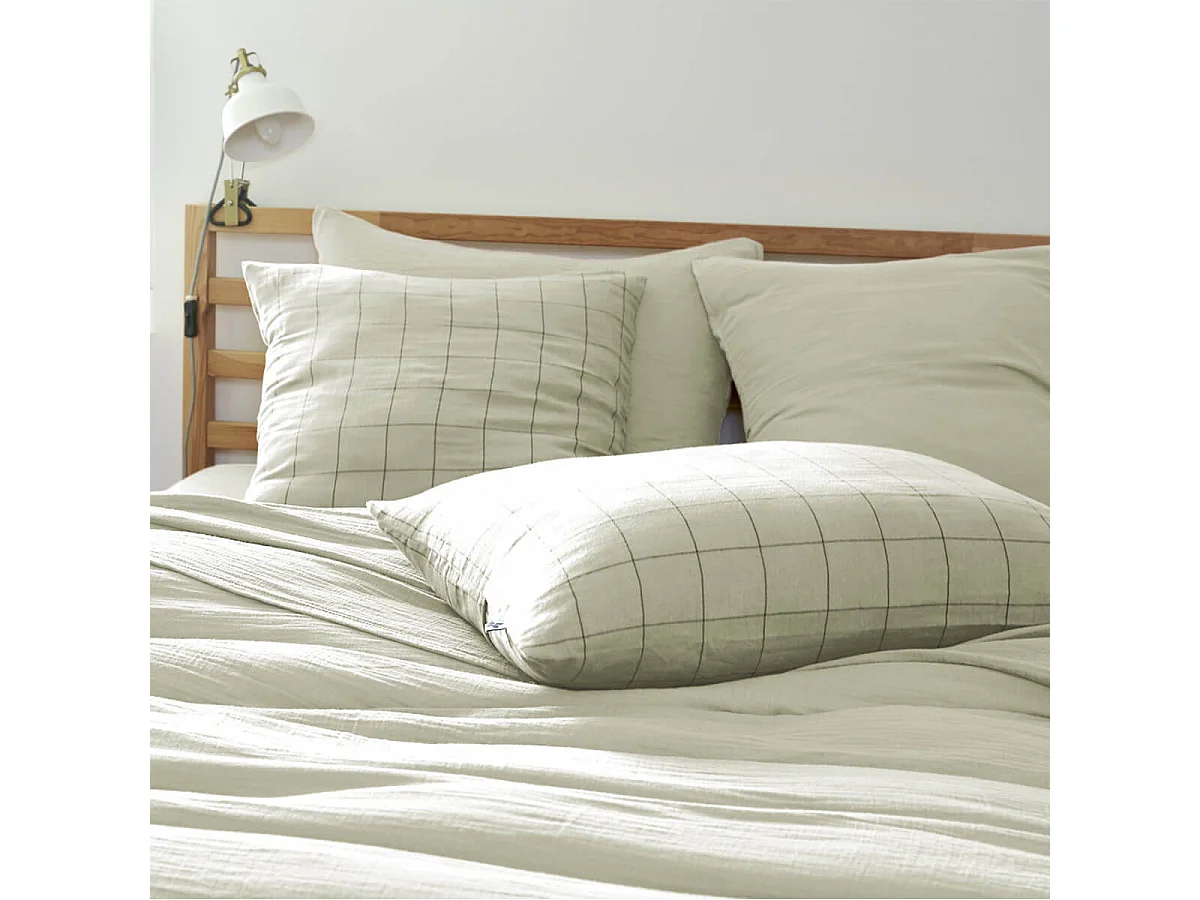OUREA MOTIF - Taie d'Oreiller 50x70cm Gaze de Coton Vert d'Eau à Grands Carreaux