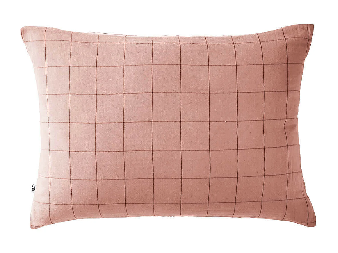 OUREA MOTIF - Taie d'Oreiller 50x70cm Gaze de Coton Rose Pêche à Grands Carreaux