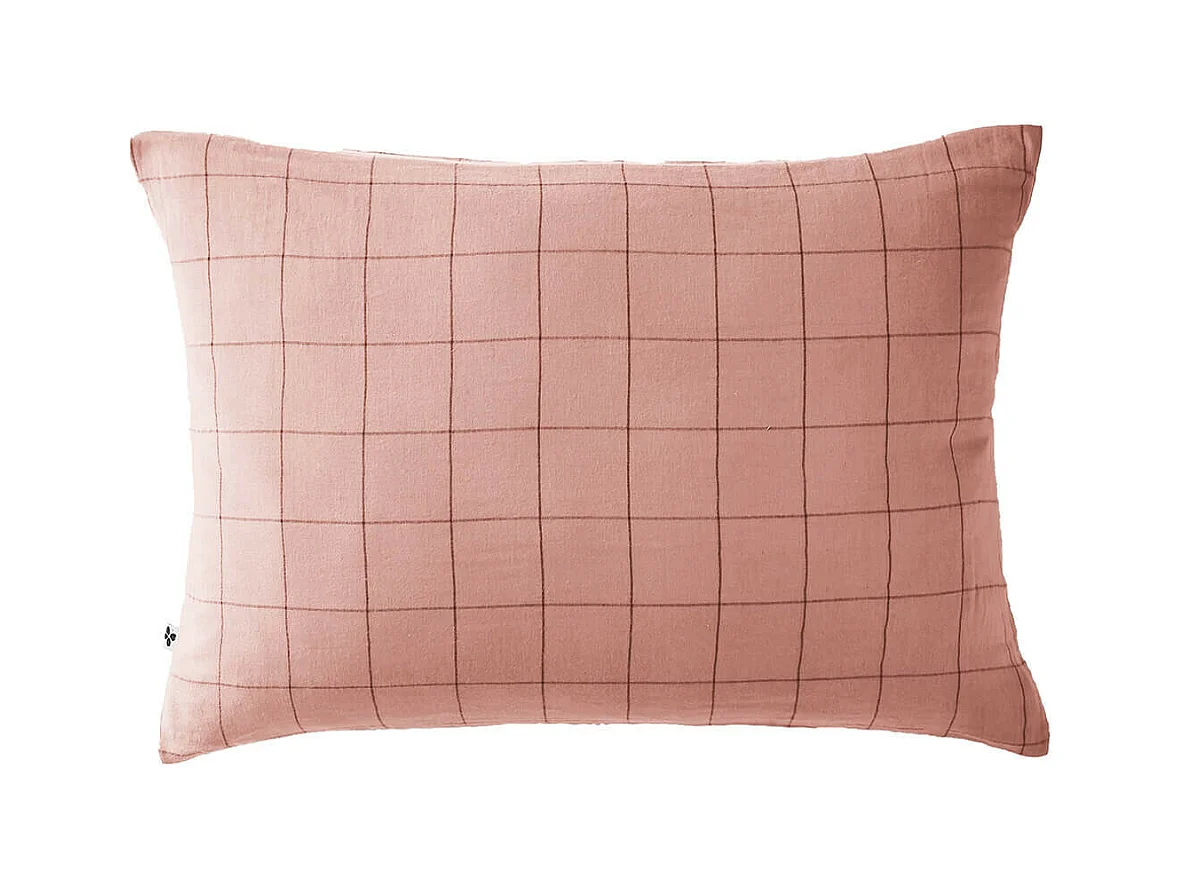 OUREA MOTIF - Taie d'Oreiller 50x70cm Gaze de Coton Rose Pêche à Grands Carreaux