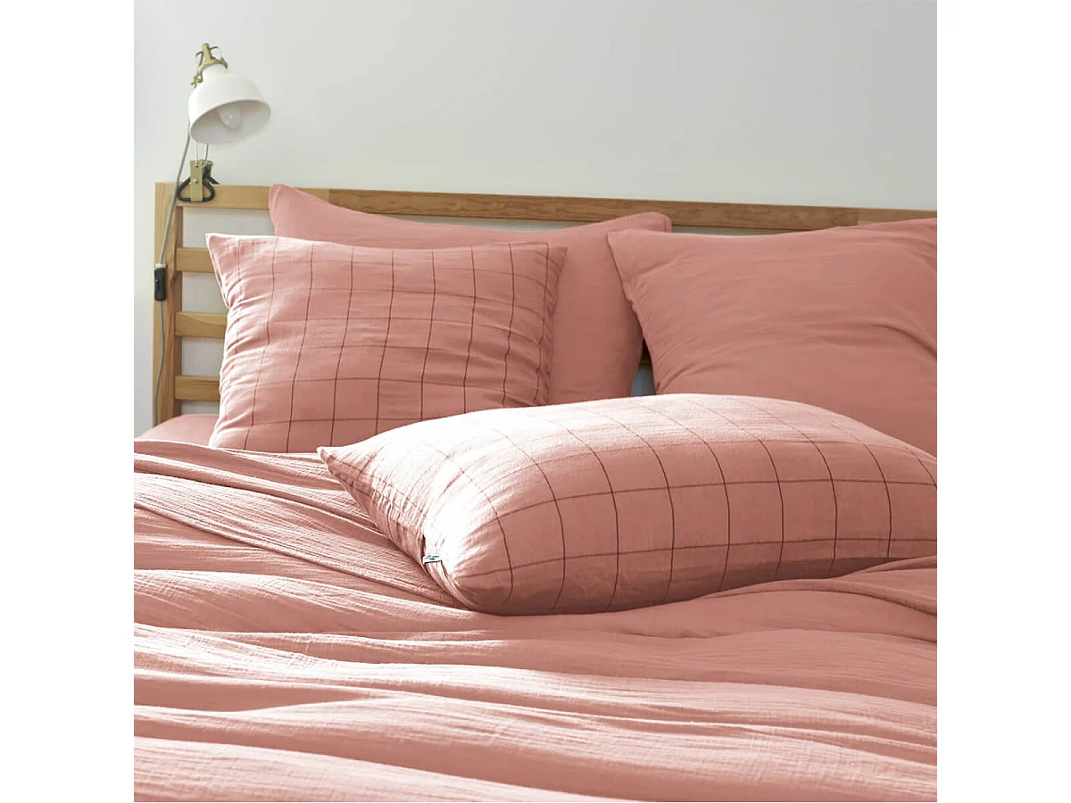 OUREA MOTIF - Taie d'Oreiller 50x70cm Gaze de Coton Rose Pêche à Grands Carreaux