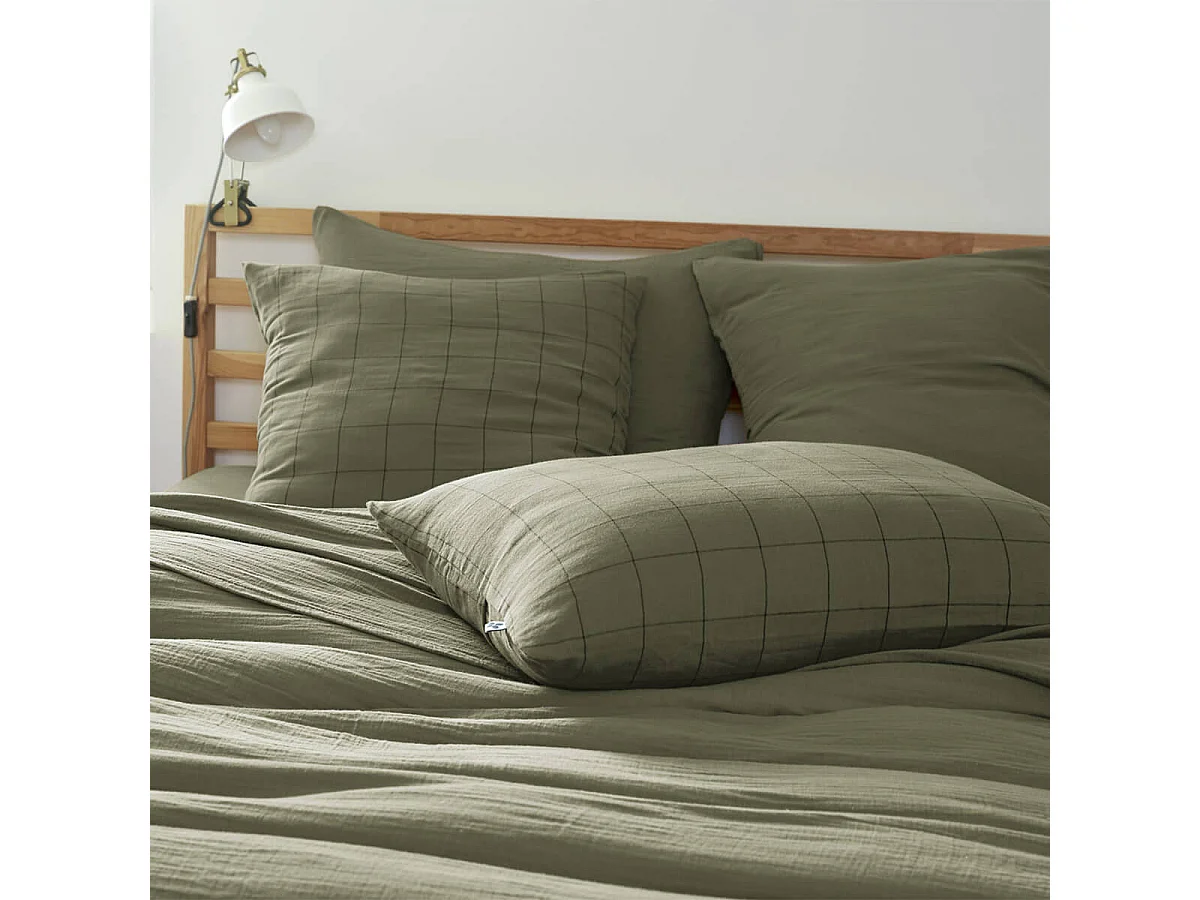 OUREA MOTIF - Taie d'Oreiller 60x60cm Gaze de Coton Romarin à Grands Carreaux