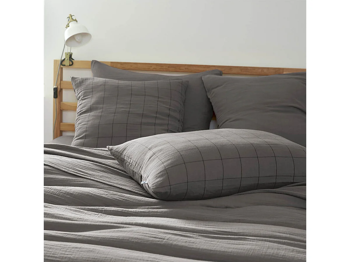 OUREA MOTIF - Taie d'Oreiller 60x60cm Gaze de Coton Granit à Grands Carreaux