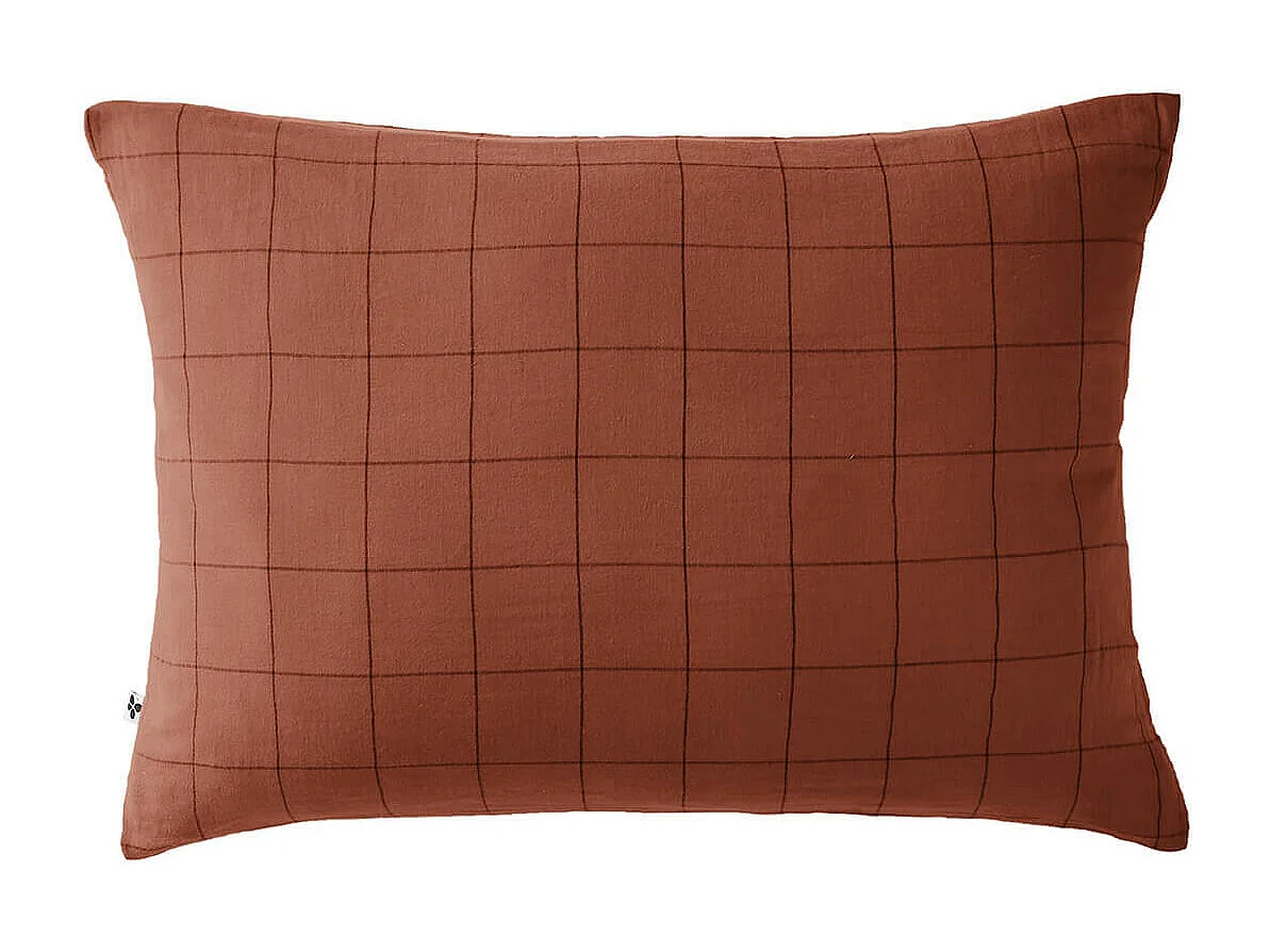 OUREA MOTIF - Taie d'Oreiller 50x70cm Gaze de Coton Terracotta à Grands Carreaux