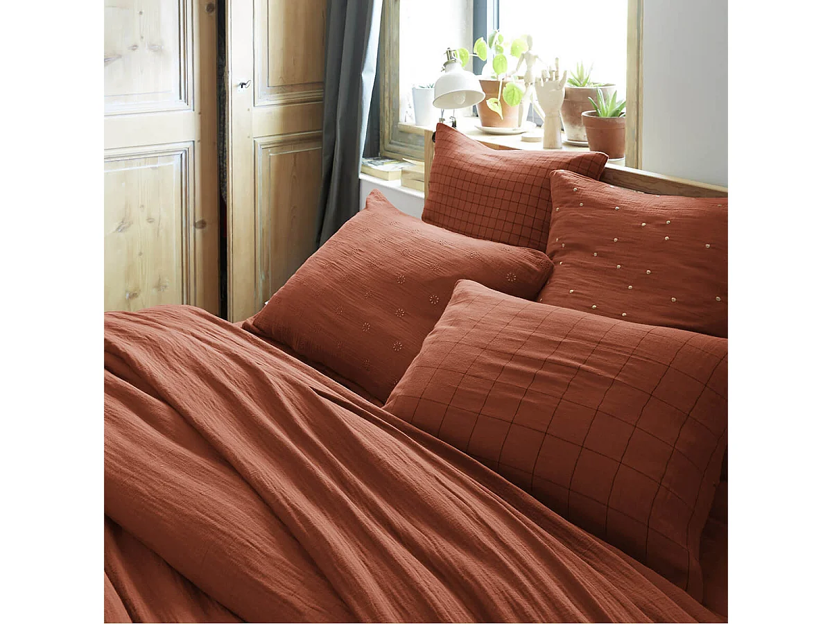 OUREA MOTIF - Taie d'Oreiller 50x70cm Gaze de Coton Terracotta à Grands Carreaux