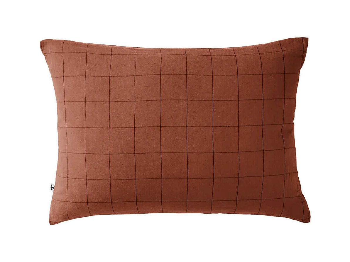 OUREA MOTIF - Taie d'Oreiller 50x70cm Gaze de Coton Terracotta à Grands Carreaux
