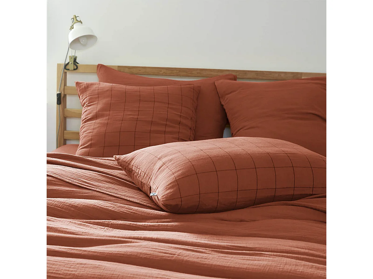 OUREA MOTIF - Taie d'Oreiller 50x70cm Gaze de Coton Terracotta à Grands Carreaux