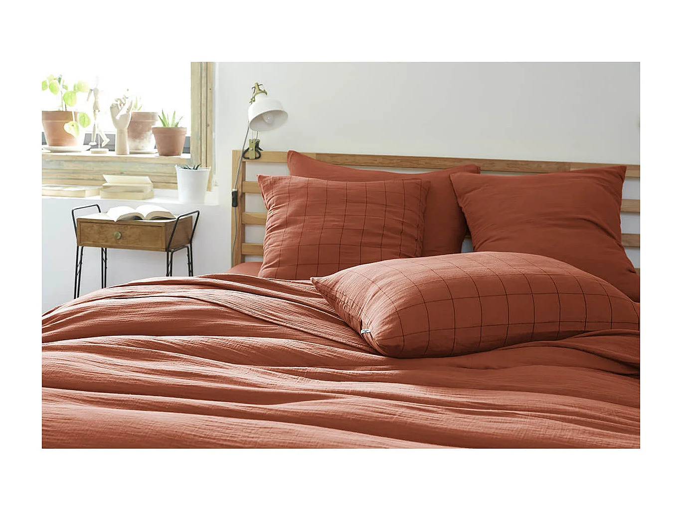 OUREA MOTIF - Taie d'Oreiller 50x70cm Gaze de Coton Terracotta à Grands Carreaux