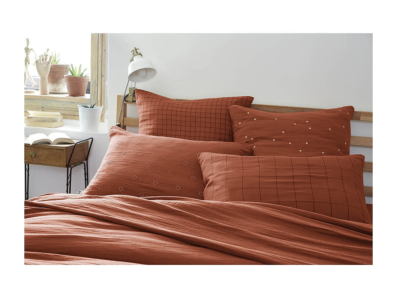 OUREA MOTIF - Taie d'Oreiller 50x70cm Gaze de Coton Terracotta à Grands Carreaux