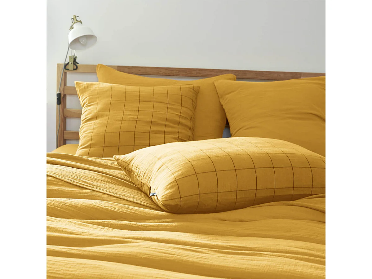 OUREA MOTIF - Taie d'Oreiller 60x60cm Gaze de Coton Safran à Grands Carreaux