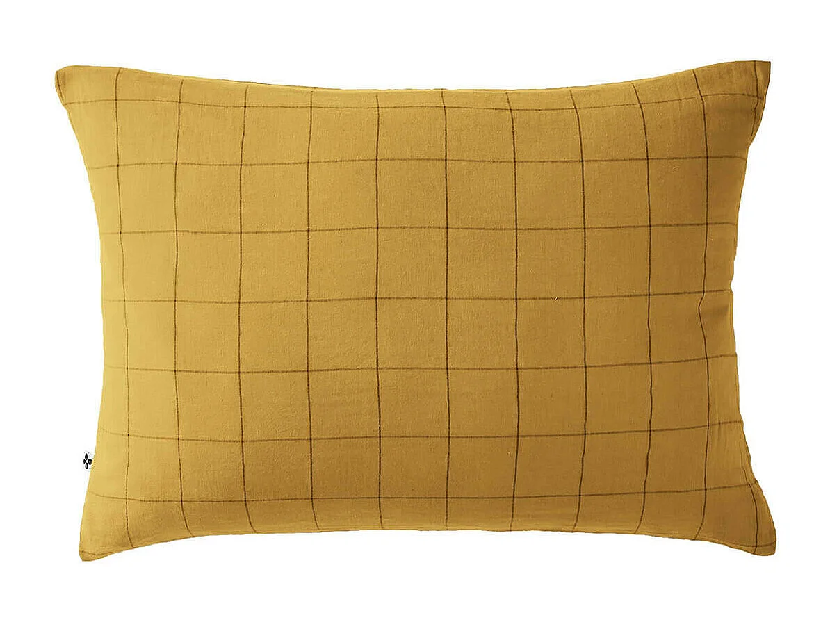 OUREA MOTIF - Taie d'Oreiller 50x70cm Gaze de Coton Safran à Grands Carreaux