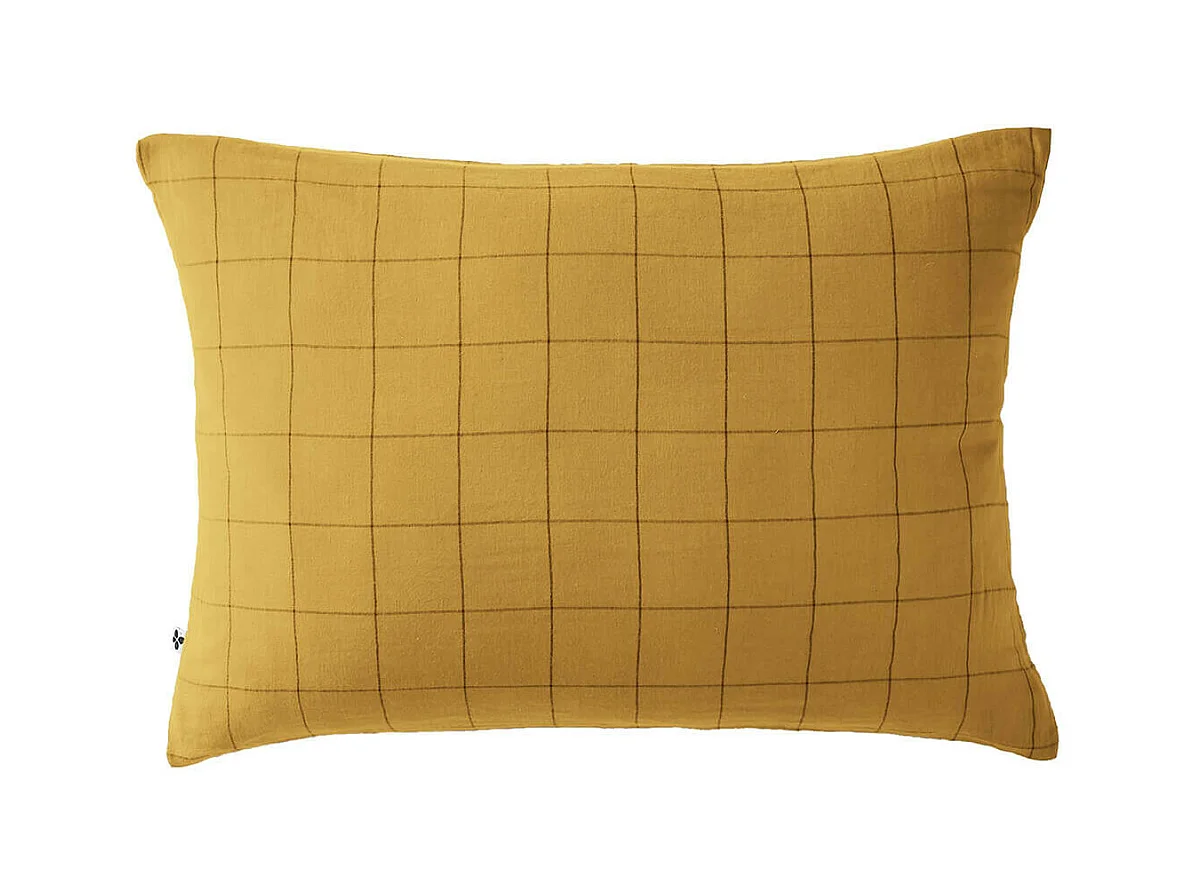 OUREA MOTIF - Taie d'Oreiller 50x70cm Gaze de Coton Safran à Grands Carreaux