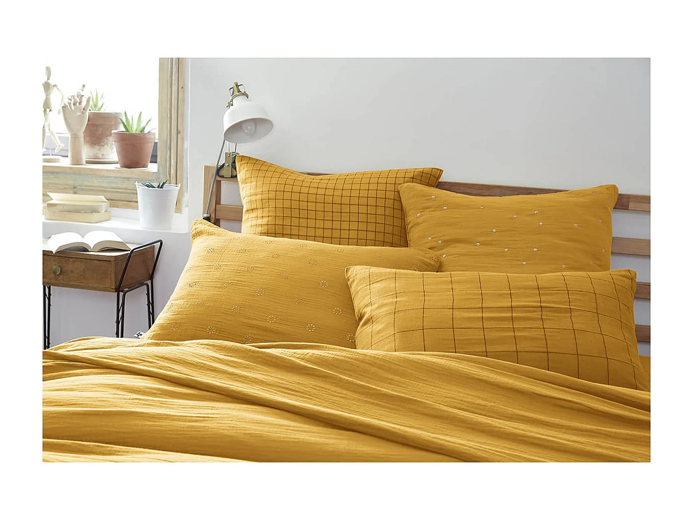 OUREA MOTIF - Taie d'Oreiller 50x70cm Gaze de Coton Safran à Grands Carreaux