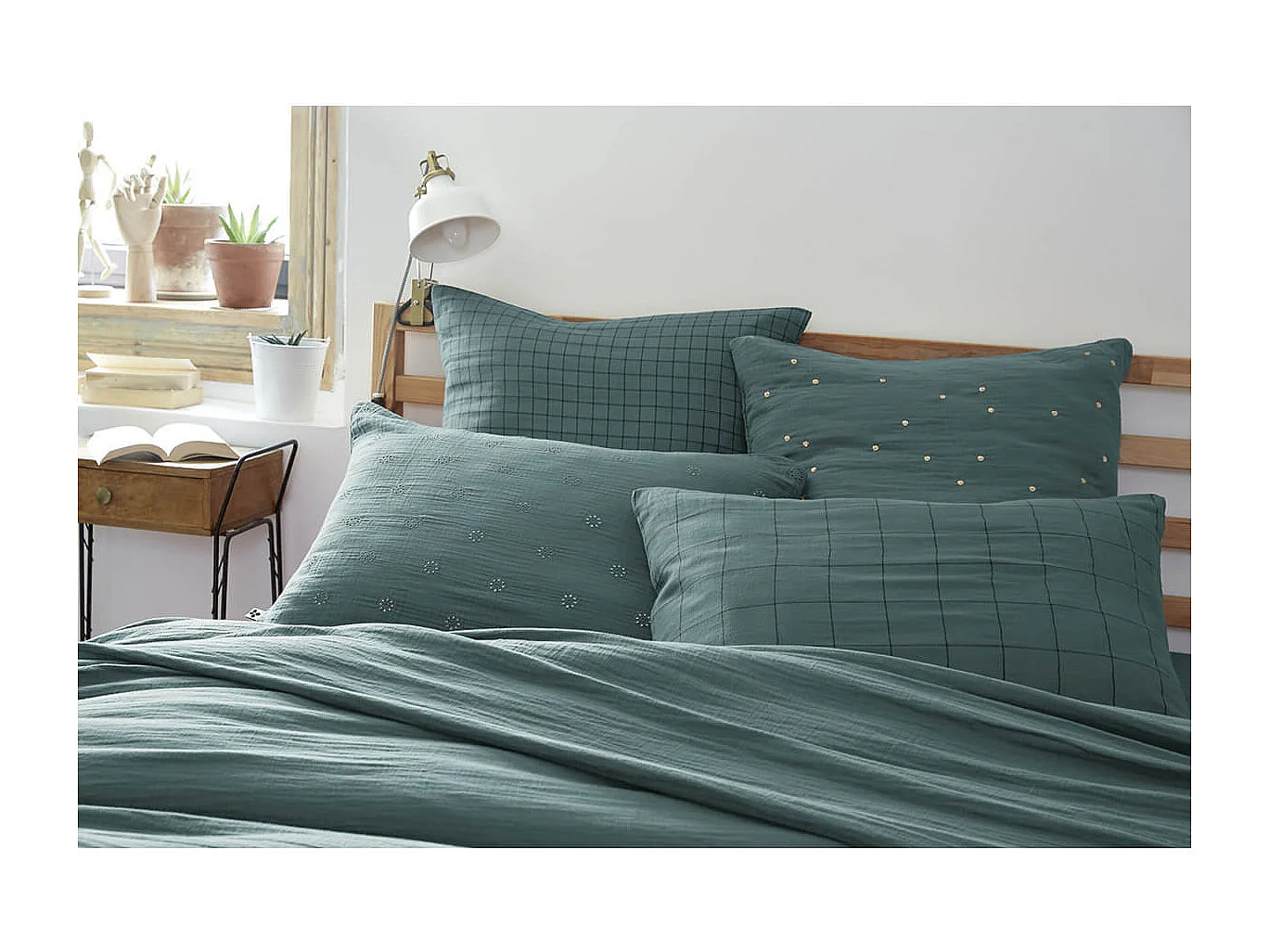 OUREA MOTIF - Taie d'Oreiller 50x70cm Gaze de Coton Canard à Grands Carreaux