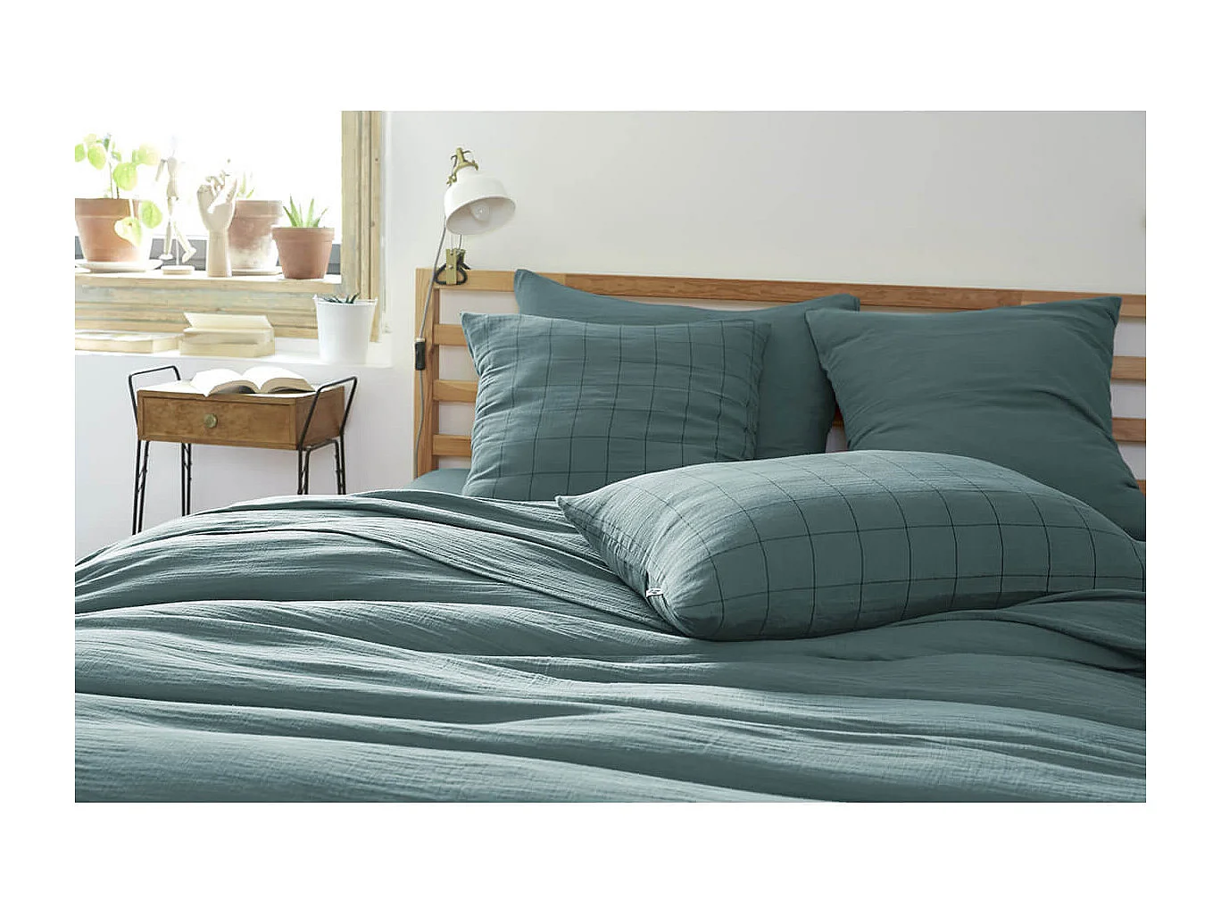 OUREA MOTIF - Taie d'Oreiller 50x70cm Gaze de Coton Canard à Grands Carreaux