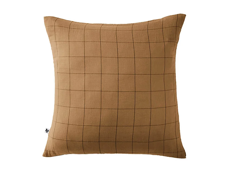 OUREA MOTIF - Taie d'Oreiller 60x60cm Gaze de Coton Camel à Grands Carreaux