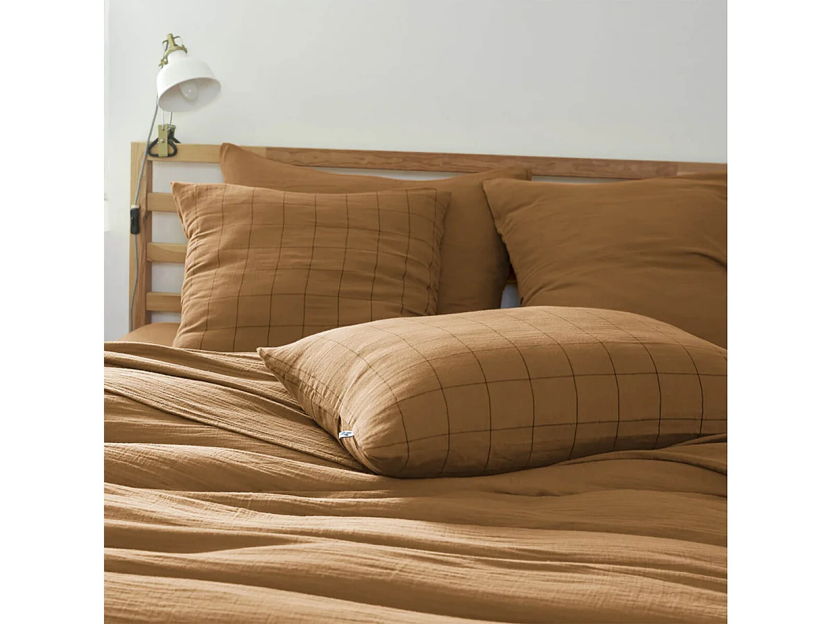 OUREA MOTIF - Taie d'Oreiller 50x70cm Gaze de Coton Camel à Grands Carreaux