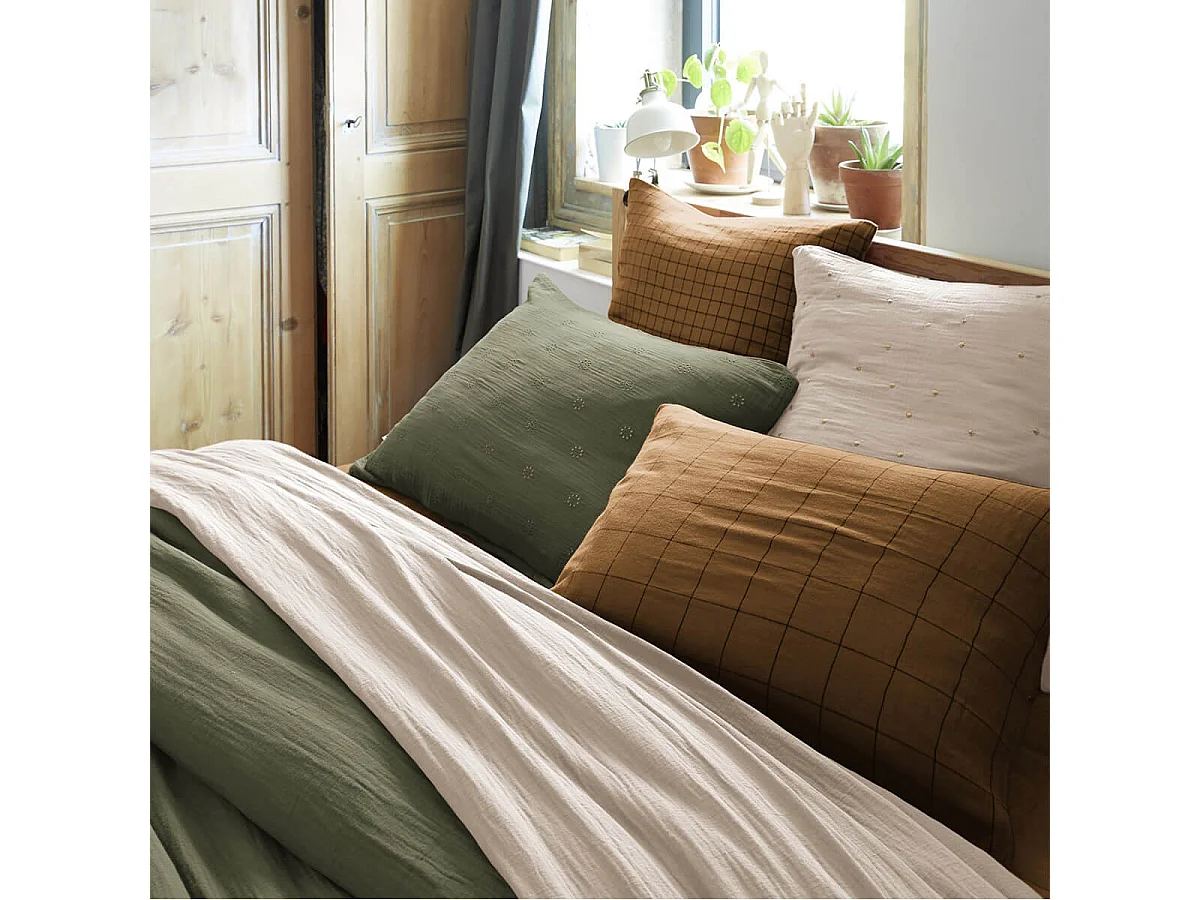 OUREA MOTIF - Taie d'Oreiller 50x70cm Gaze de Coton Camel à Grands Carreaux