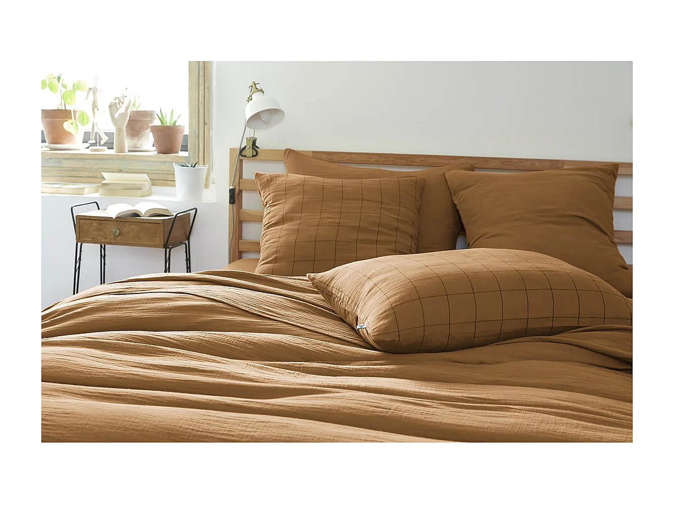 OUREA MOTIF - Taie d'Oreiller 50x70cm Gaze de Coton Camel à Grands Carreaux