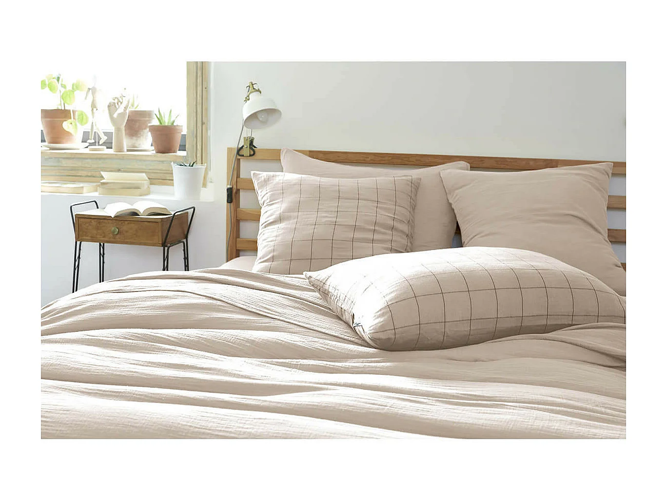 OUREA MOTIF - Taie d'Oreiller 60x60cm Gaze de Coton Pampa à Grands Carreaux