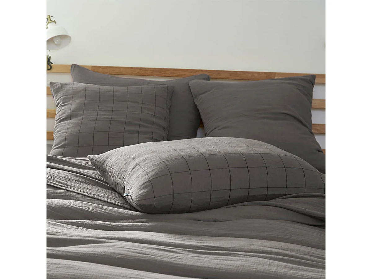 OUREA MOTIF - Taie d'Oreiller 50x70cm Gaze de Coton Granit à Grands Carreaux