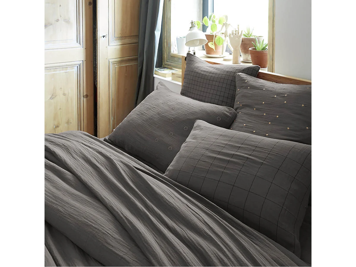 OUREA MOTIF - Taie d'Oreiller 50x70cm Gaze de Coton Granit à Grands Carreaux