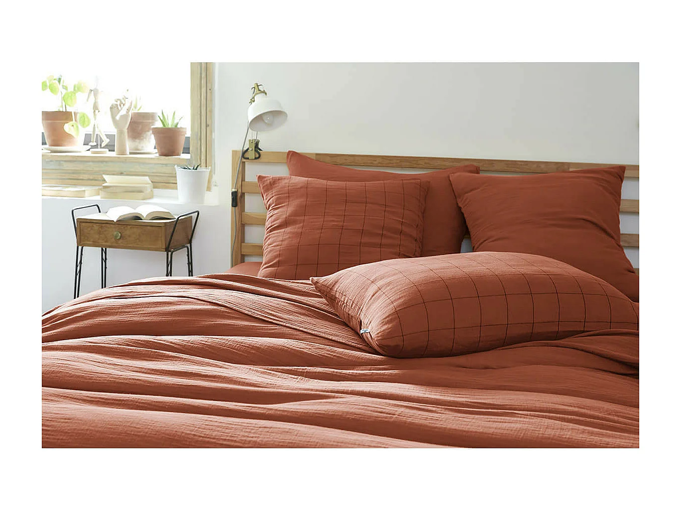 OUREA MOTIF - Taie d'Oreiller 60x60cm Gaze de Coton Terracotta à Grands Carreaux