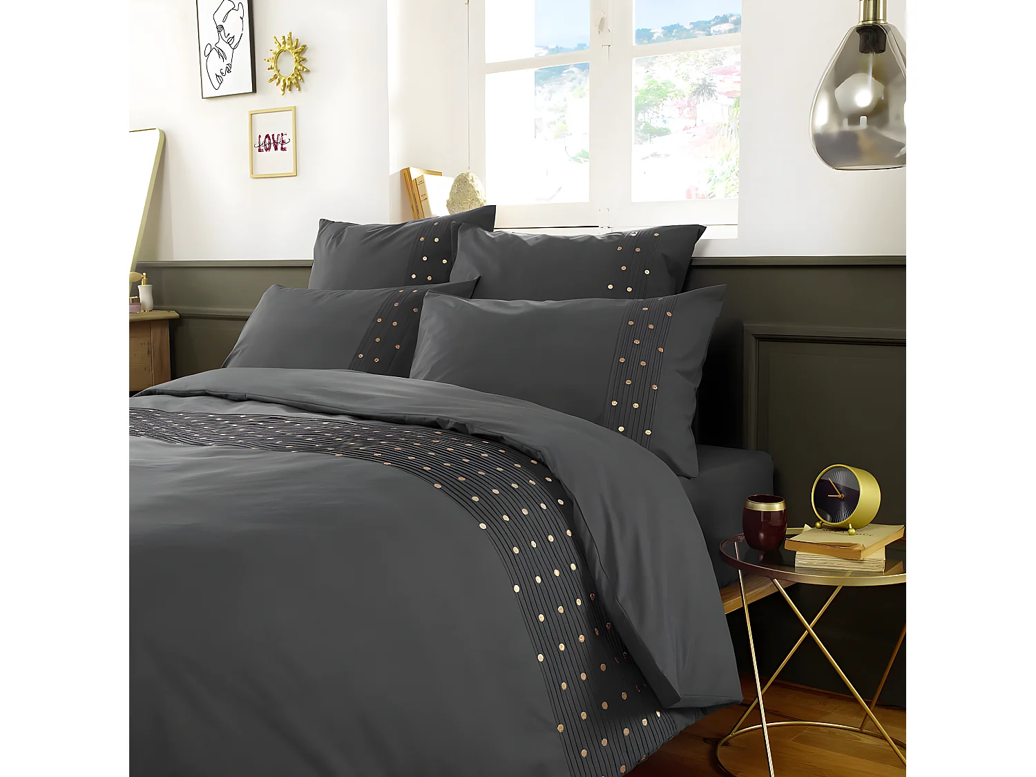 POLLY - Housse de Couette 260x240cm Coton Coloris Poivre