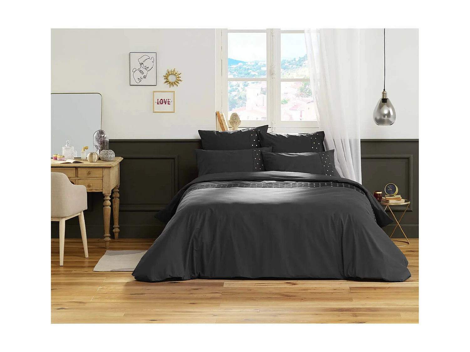 POLLY - Housse de Couette 260x240cm Coton Coloris Poivre