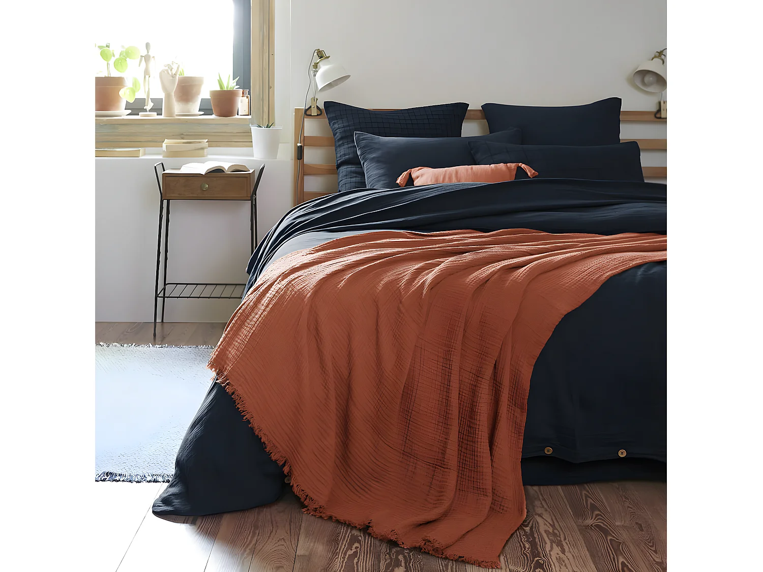 OUREA - Plaid à Franges 130x160cm 4 Epaisseurs Gaze de Coton Terracotta