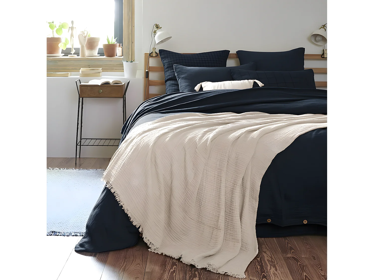 OUREA - Plaid à Franges 180x220cm 4 Epaisseurs Gaze de Coton Pampa