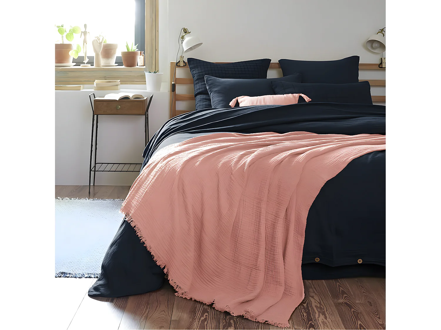 OUREA - Plaid à Franges 130x160cm 4 Epaisseurs Gaze de Coton Rose Pêche