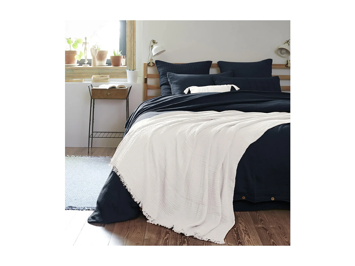 OUREA - Plaid à Franges 130x160cm 4 Epaisseurs Gaze de Coton Chantilly