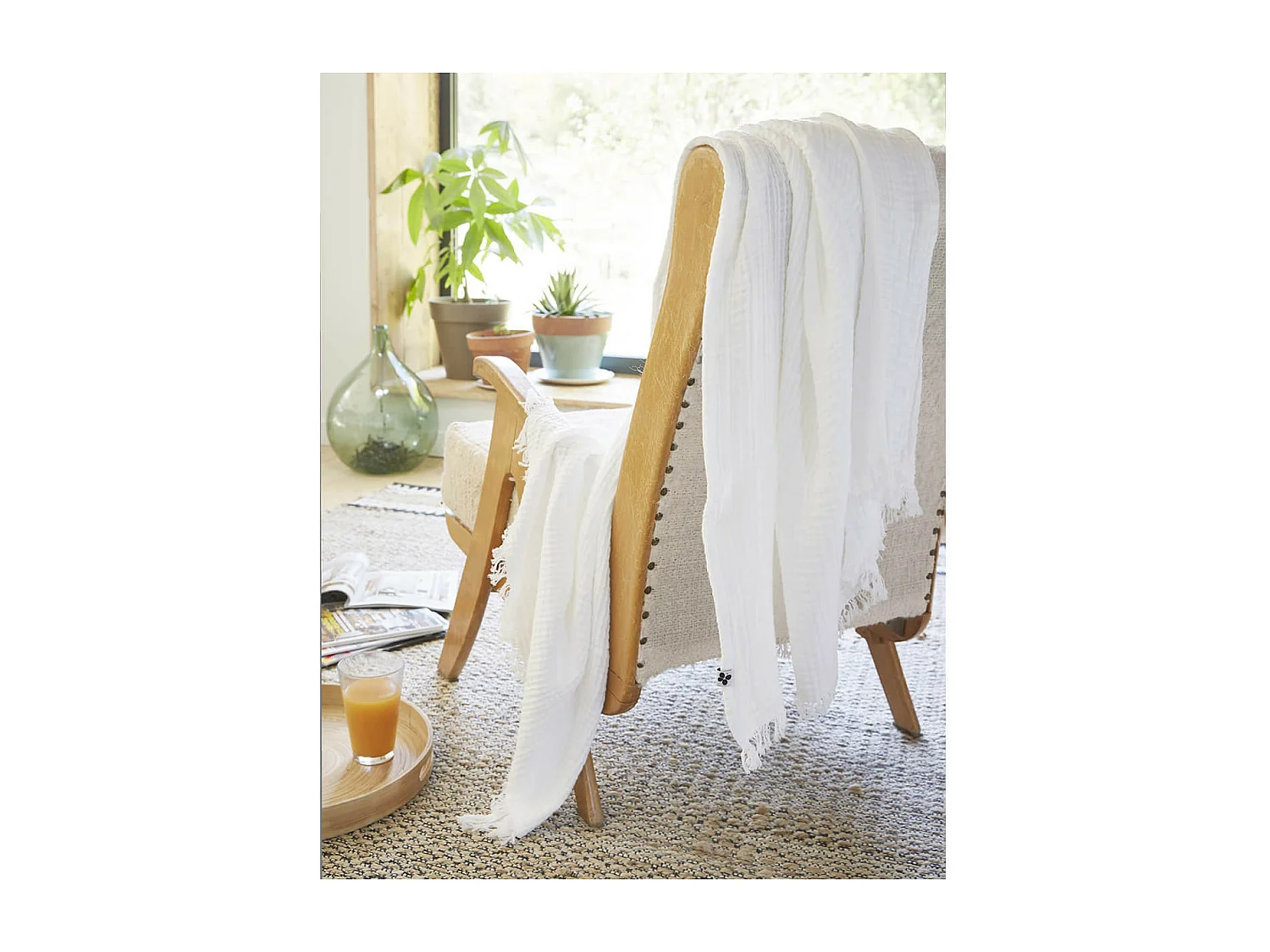 OUREA - Plaid à Franges 130x160cm 4 Epaisseurs Gaze de Coton Chantilly