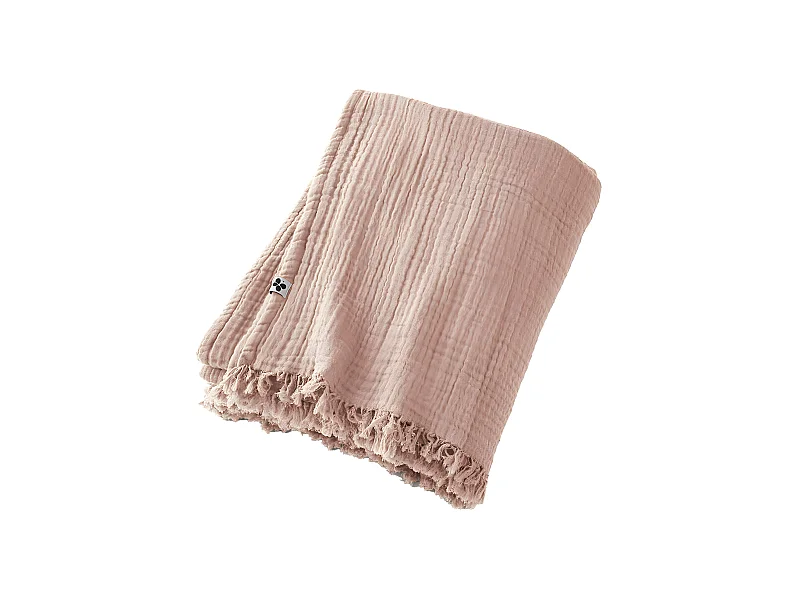 OUREA - Plaid à Franges 180x220cm 4 Epaisseurs Gaze de Coton Guimauve