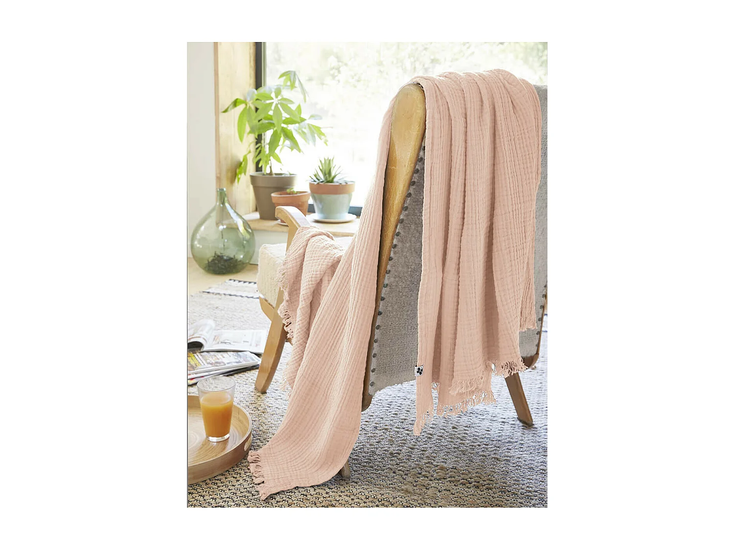 OUREA - Plaid à Franges 180x220cm 4 Epaisseurs Gaze de Coton Guimauve