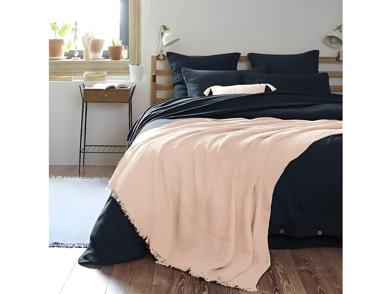 OUREA - Plaid à Franges 180x220cm 4 Epaisseurs Gaze de Coton Guimauve