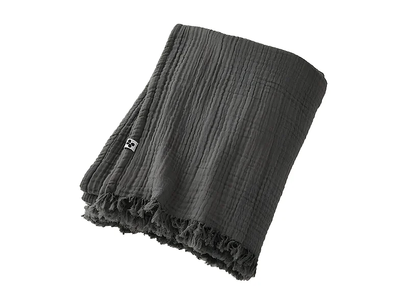 OUREA - Plaid à Franges 130x160cm 4 Epaisseurs Gaze de Coton Granit
