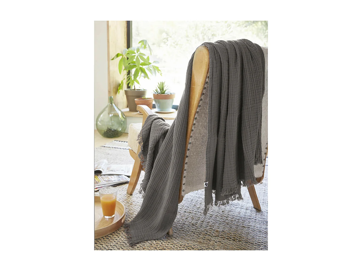 OUREA - Plaid à Franges 130x160cm 4 Epaisseurs Gaze de Coton Granit