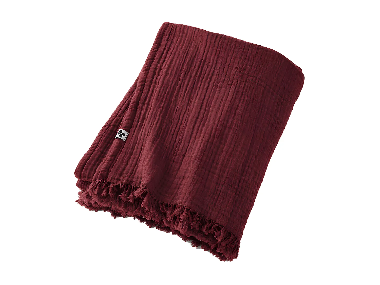 OUREA - Plaid à Franges 130x160cm 4 Epaisseurs Gaze de Coton Lie de Vin