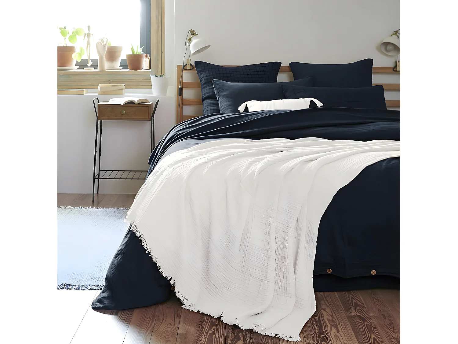 OUREA - Plaid à Franges 180x220cm 4 Epaisseurs Gaze de Coton Chantilly