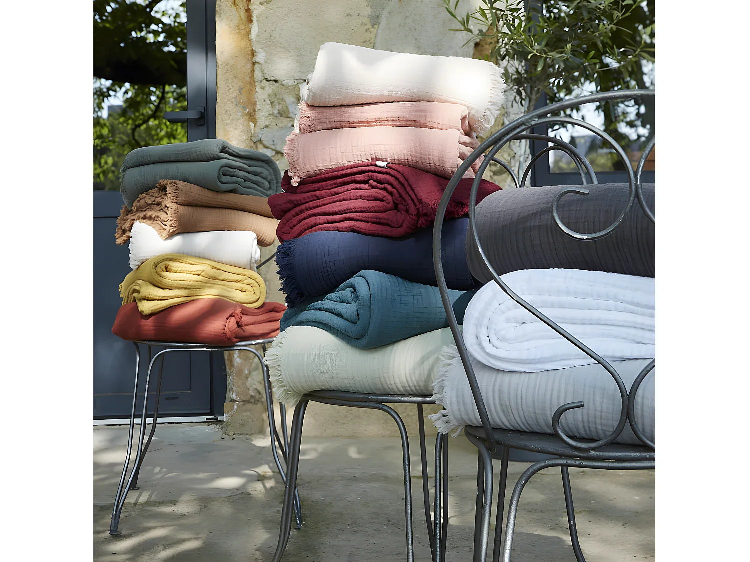 OUREA - Plaid à Franges 180x220cm 4 Epaisseurs Gaze de Coton Chantilly