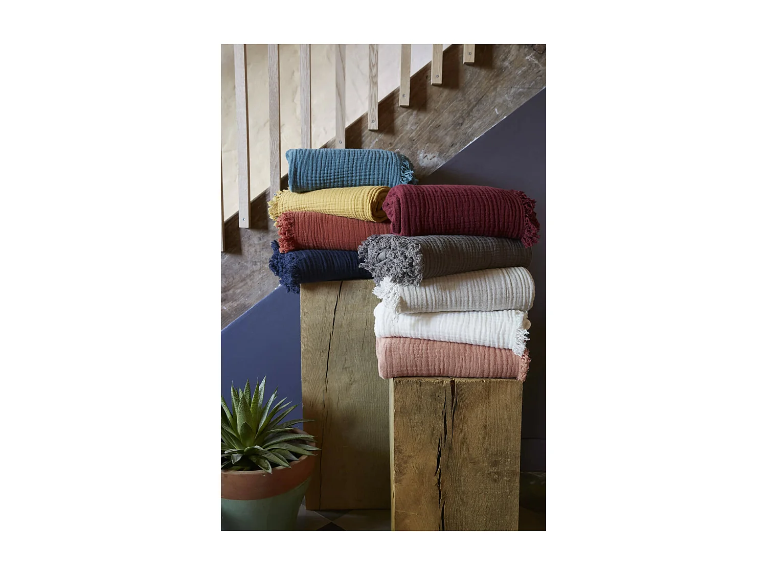 OUREA - Plaid à Franges 180x220cm 4 Epaisseurs Gaze de Coton Chantilly